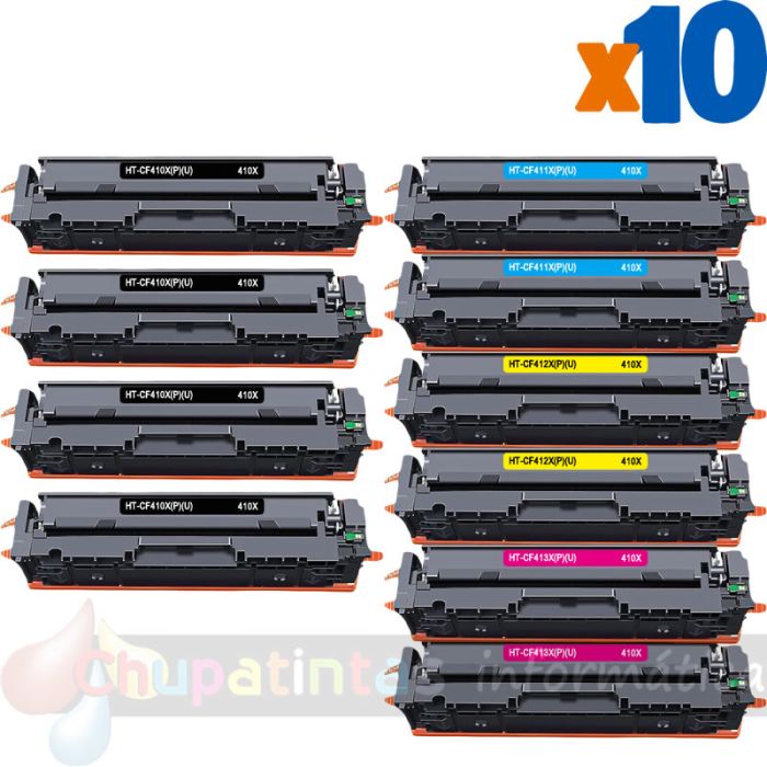 HP 410X/410A Pack de 10 Cartuchos de Tóner Genéricos: CF410X+CF411X+CF422X+CF433X