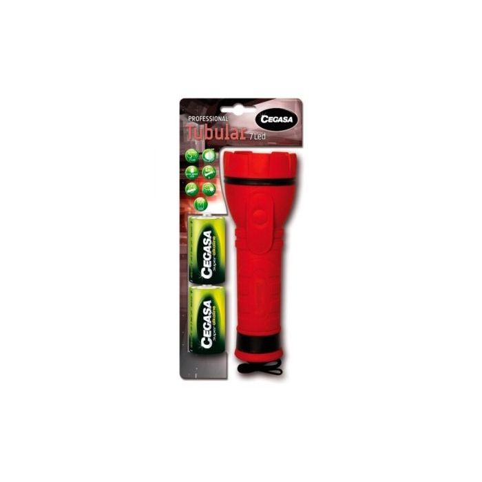 Cegasa Profesional Linterna de 7 LED - Cuerpo de Goma Antideslizante - Resistente a Golpes y Humedad - Funciona con 2 Pilas LR20 (Incluidas)