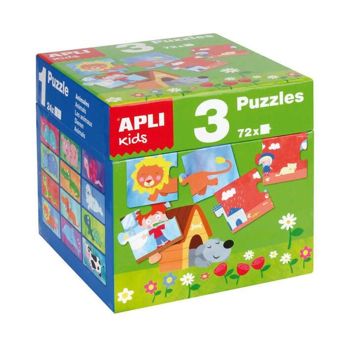 Apli Puzles Educativos - 24 Piezas de 7x7cm - Desarrollo de Habilidades y Capacidades - Tematicas: Animales, Casa y Estaciones - Ideal para Niños de 3 Años en Adelante - Formato de Cubo Resistente y Seguro
