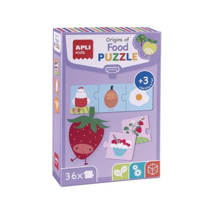Apli Puzle Origen de los Alimentos - 36 Piezas de 7x7 cm - Carton de 2mm con Acabado Brillante - Desarrolla Habilidades y Autoestima - Colorido