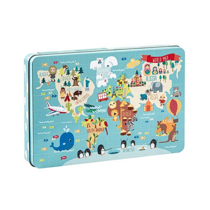 Apli Kids Puzle Mapamundi - 24 Piezas de 8x8mm - Caja Metalica Rectangular - Diseño Exclusivo de Martina Hogan - Facil Manejo - Grosor de 2mm - Desarrollo de Habilidades - Colorido y Claro