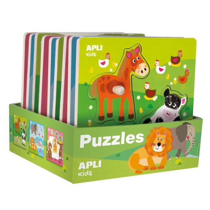 Apli Expositor de Puzles de Madera Encajables Tematica Infantil Animales - 20x20 cm - 9 Puzles con Guia Impresa - Alto Valor Didactico - Exclusiva Ilustracion Liza Lewis - Color Natural