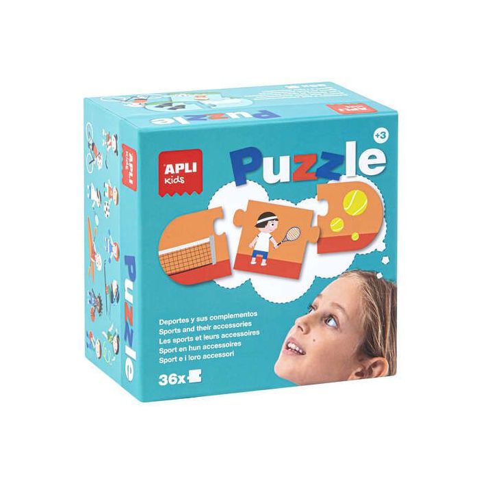 Apli Puzle Deportes y Complementos - 36 Piezas de 7x7cm - 12 Secuencias de 3 Piezas - Carton de 2mm con Acabado Brillante - Desarrolla Habilidades y Autoestima - Colorido