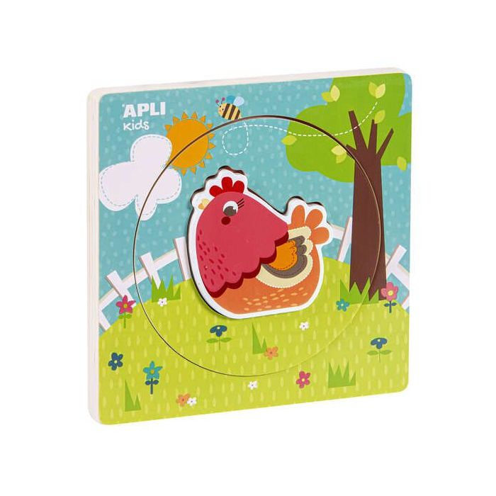 Apli Puzle de Madera Encajable Ciclo de Vida - 3 Capas Diferentes - Pieza Gallina - Tamaño 198x198x18mm - Guia Impresa - Alto Valor Didactico - Desarrollo Logico E Inteligencia Visoespacial - Color Natural