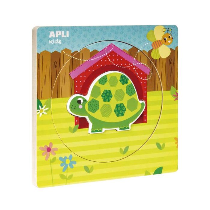 Apli Puzles de Madera Encajables Ciclo de Vida - 3 Capas Diferentes - Pieza Tortuga - Tamaño 198x198x18mm - Guia Impresa - Alto Valor Didactico - Desarrollo Logico E Inteligencia Visoespacial - Color Natural