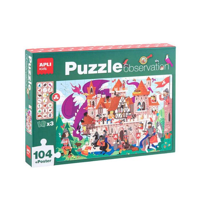 Apli Puzzle Observacion Castillo de 104 Piezas de 5x5cm - Incluye Poster y 3 Fichas - Facil Manejo - Desarrolla Habilidades y Autoestima - Recomendado para Niños a partir de 5 Años