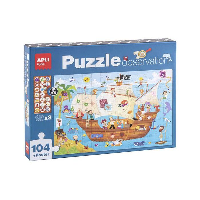 Apli Puzzle Observacion Barco Pirata de 104 Piezas de 5x5cm - Incluye Poster y 3 Fichas - Facil Manejo - Desarrolla Habilidades y Autoestima - Recomendado para Niños a partir de 5 Años