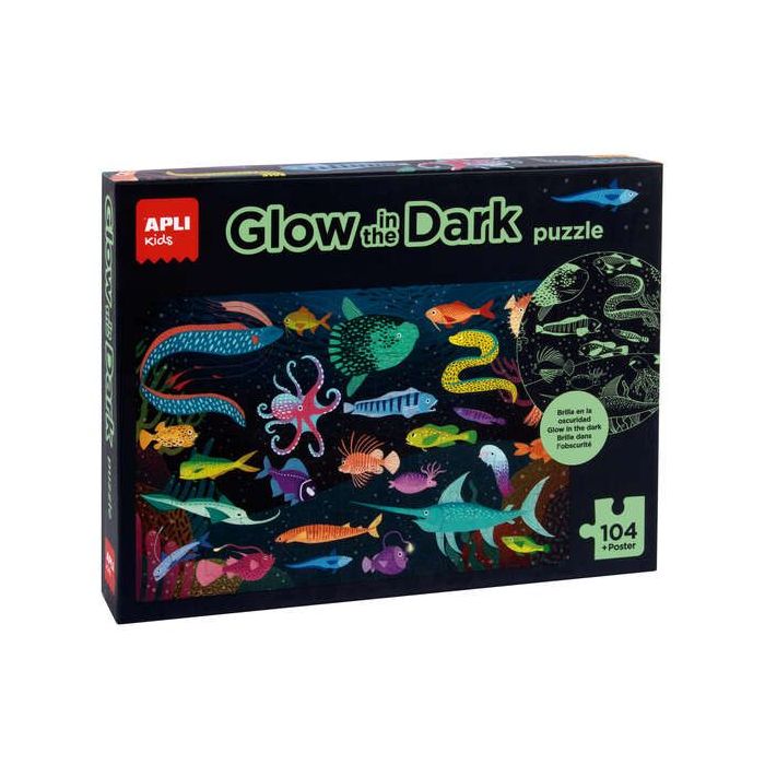 Apli Glow in the Dark Puzzle Fluorescente de 104 Piezas 5x5cm - Tematica Oceanos - Poster para Facilitar Montaje - Recomendado para Niños a partir de 5 Años