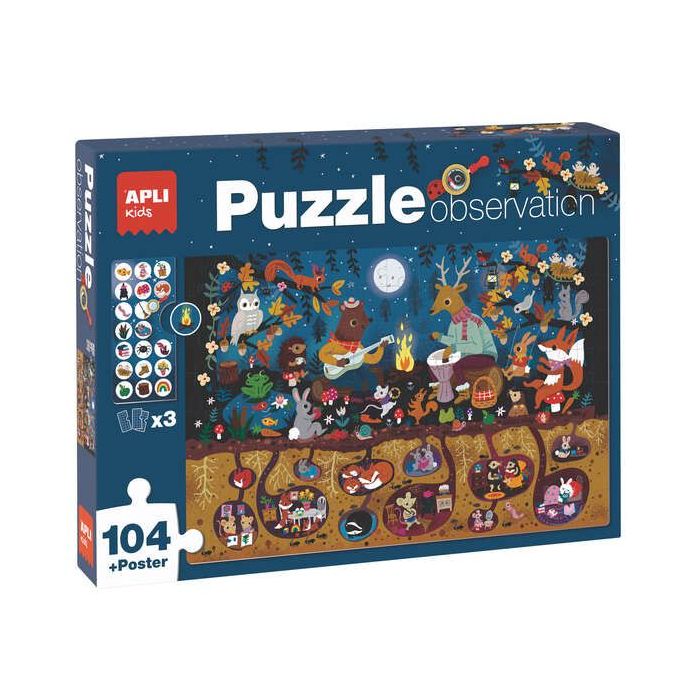 Apli Puzzle Observacion Bosque de 104 Piezas de 5x5cm - Incluye Poster y 3 Fichas - Facil Manejo - Desarrolla Habilidades y Autoestima - Recomendado para Niños a partir de 5 Años