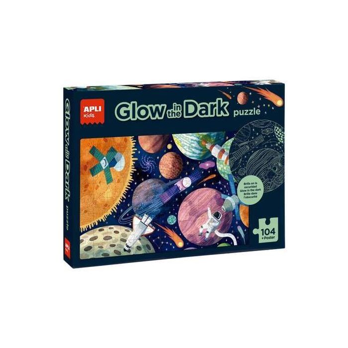 Apli Glow in the Dark Puzzle Fluorescente de 104 Piezas 5x5cm - Tematica Sistema Solar - Poster para Facilitar Montaje - Recomendado para Niños a partir de 5 Años