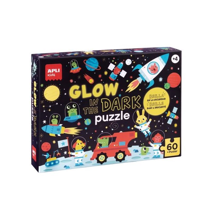 Apli Glow in the Dark Puzzle Fluorescente de 60 Piezas 6x6cm - Tematica Espacio - Efecto Fluorescente que Revela Diseños Ocultos - Poster para Facilitar Montaje - Recomendado para Niños a partir de 4 Años