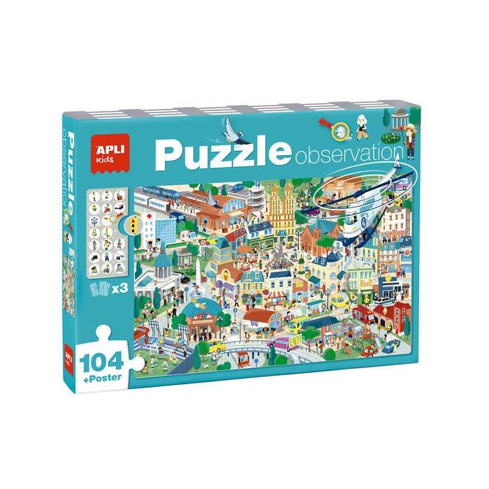 Apli Puzzle Observacion Ciudad de 104 Piezas de 5x5cm - Incluye Poster y 3 Fichas - Facil Manejo - Desarrolla Habilidades y Autoestima - Recomendado para Niños a partir de 5 Años