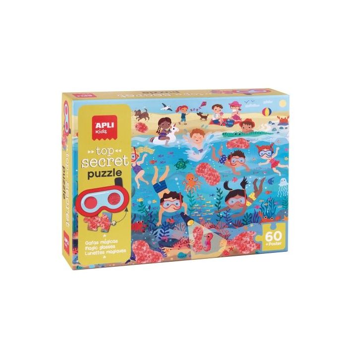 Apli Top Secret Puzzle de 60 Piezas 6x6cm - Tematica Playa - Usa las Gafas para Descubrir Zonas Secretas - Poster para Facilitar Montaje - Recomendado para Niños a partir de 4 Años
