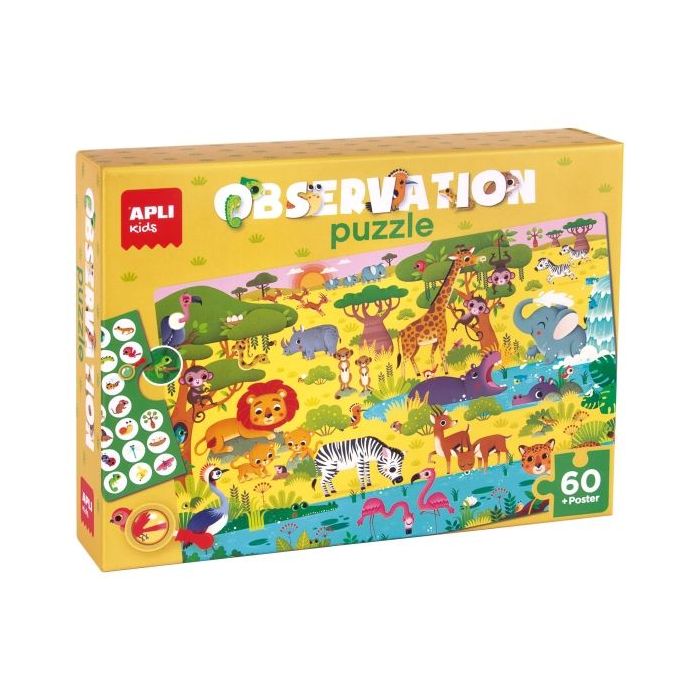 Apli Puzzle Observacion Junior Jungla de 60 Piezas de 6x6cm - Incluye Poster y 1 Ficha con Diferentes Objetos - Desarrolla la Concentracion, Observacion y Memoria - Recomendado para Niños a partir de 4 Años