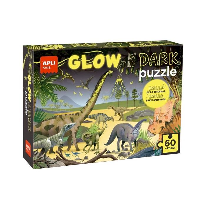 Apli Glow in the Dark Puzzle Fluorescente de 60 Piezas 6x6cm - Tematica Dinosaurios - Efecto Fluorescente que Revela Diseños Ocultos - Poster para Facilitar Montaje - Recomendado para Niños a partir de 4 Años