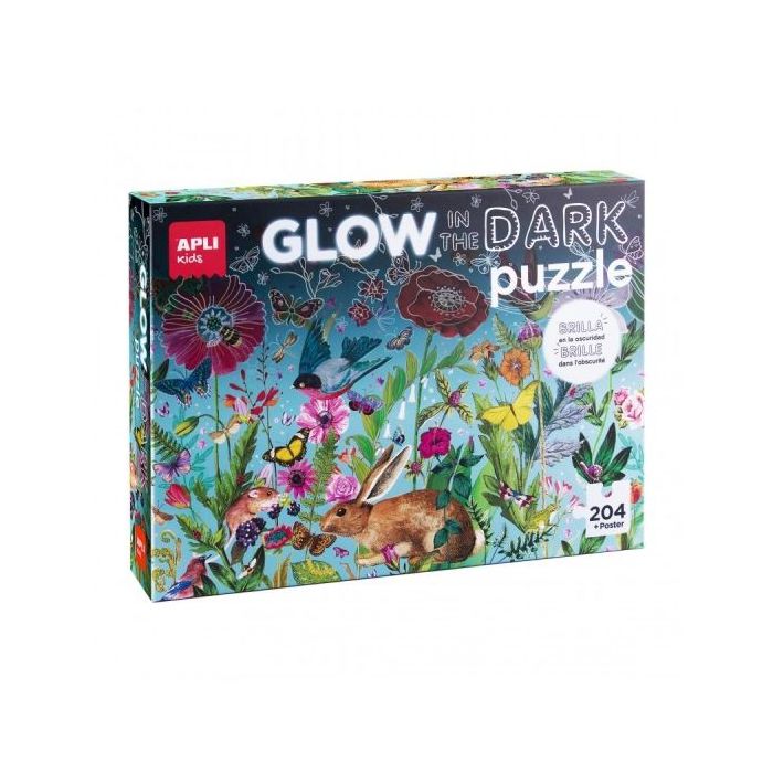 Apli Glow in the Dark Puzzle Fluorescente de 204 Piezas 5x5cm - Tematica de Flores con Fauna y Flora - Efecto Fluorescente que Revela Diseños Ocultos - Poster para Facilitar Montaje