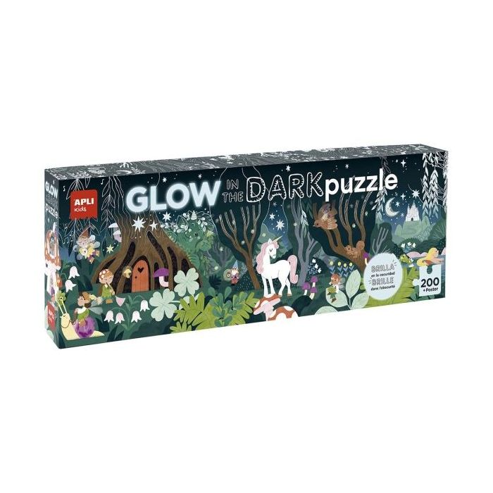 Apli Glow in the Dark Puzzle Fluorescente de 200 Piezas 6x5cm - Tematica Bosque Magico - Efecto Fluorescente que Revela Diseños Ocultos - Poster para Facilitar Montaje