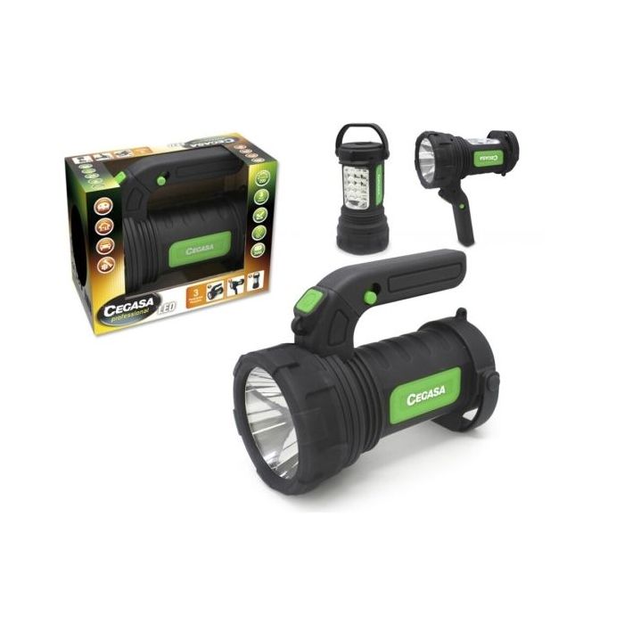 Cegasa Profesional Linterna/Foco LED 220lm - Modo Linterna, Foco y Lampara de Pie - Funciona con 3 Pilas AA (No Incluidas) - Color Negro/Verde