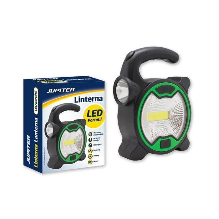 Jupiter Linterna COB+1 LED - Foco Bombilla 160lm, Foco LED 60lm - Funciona con 3 Pilas AA (No Incluidas) - Color Negro/Verde