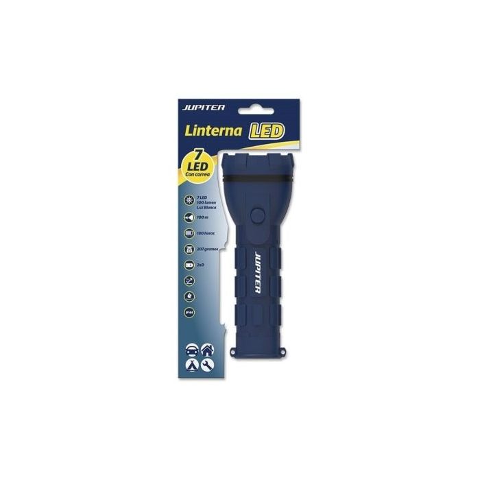 Jupiter Linterna de Luz Blanca 7 LED 100lm - Cuerpo de Goma - Resistencia IP44 - Funciona con 2 Pilas D R20 (No Incluidas) - Color Azul