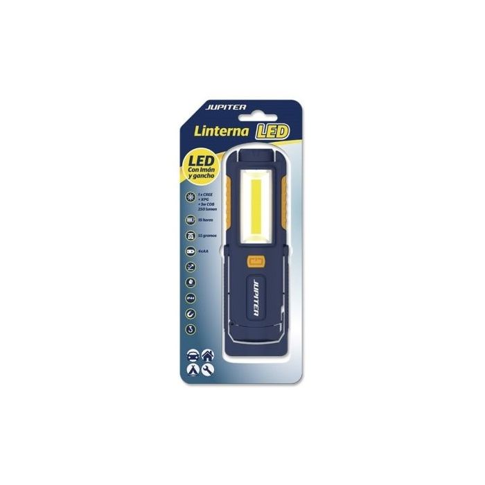 Jupiter Linterna de Trabajo LED+COB 250lm - Con Iman y Gancho - Resistencia IP44 - Funciona con 4 Pilas AA (No Incluidas) - Color Azul