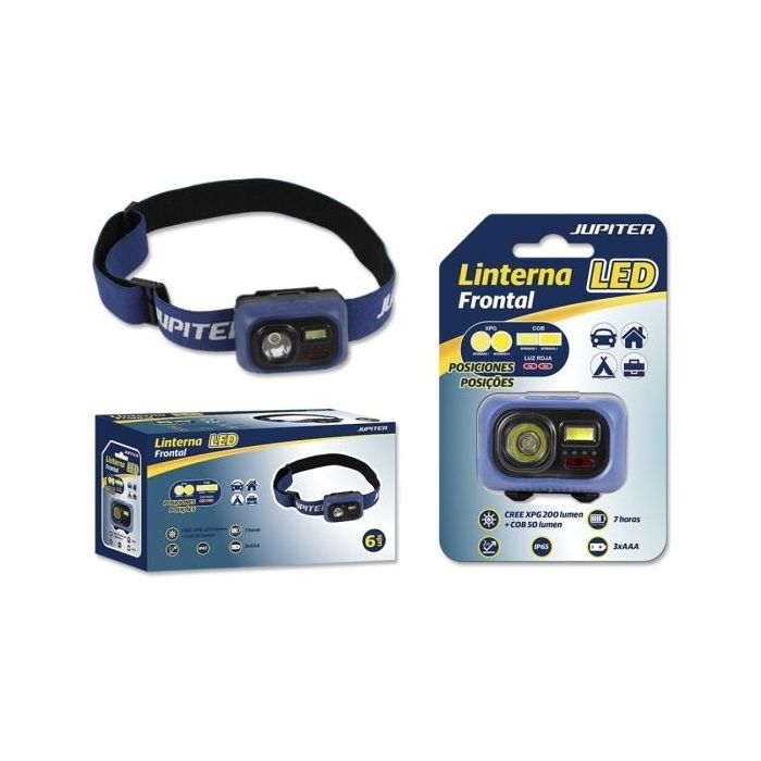 Jupiter Linterna Frontal LED 200lm + COB 50lm - Resistencia IP65 - Goma Ajustable para Cabeza - Funciona con 3 Pilas AAA (No Incluidas) - Color Azul