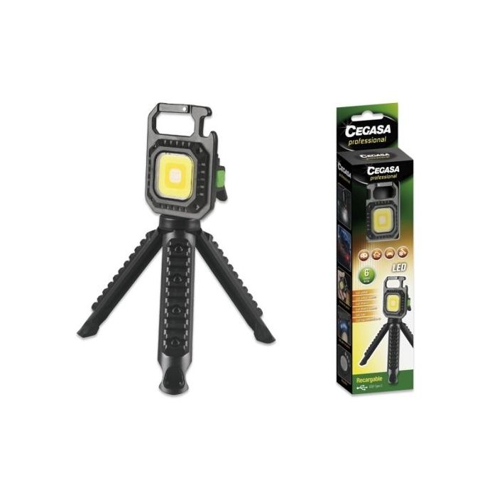 Cegasa Profesional Linterna Mini con Tripode COB hasta 670lm - Luz Blanca, Amarilla, Blanca y Amarilla Combinadas, Luz Roja y Luz Flash Intermitente - Bateria Recargable USB-C - Color Negro