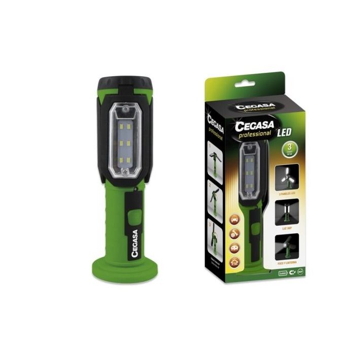 Cegasa Profesional Linterna LED - 3 Paneles LED y Frontal - 3 Modos de Iluminacion - Funciona con 3 Pilas AAA (No Incluidas) - Color Negro/Verde