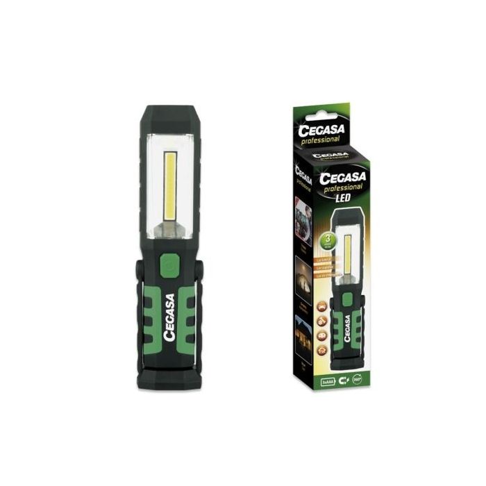 Cegasa Profesional Linterna Magnetica LED - COB Lateral, LED Superior y Luz de Emergencia - Gancho Ajustable 360º  - Funciona con 2 Pilas AAA (No Incluidas) - Color Negro/Verde
