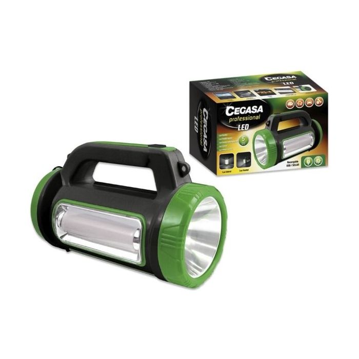 Cegasa Profesional Linterna Multifuncion LED - 5 Modos de Iluminacion - Bateria de 1800mAh - Alimentacion Solar y por USB - Color Negro/Verde