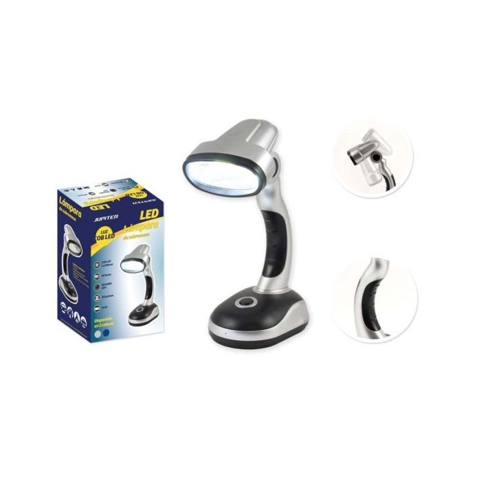 Jupiter Lampara de Sobremesa COB-LED 40lm - Tambien se puede Usar como Linterna - Funciona con 3 Pilas AA - Color Plata/Negro