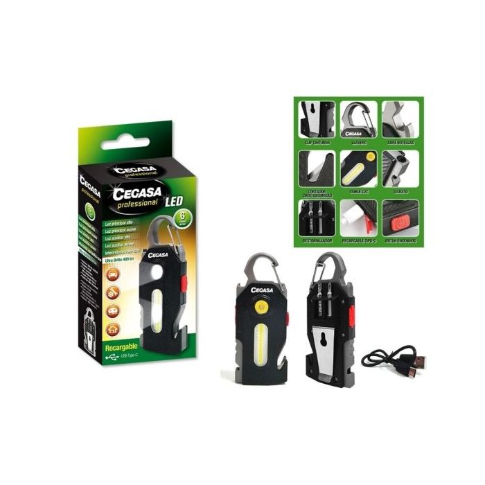 Cegasa Profesional Linterna Supervivencia COB+1 LED hasta 400lm - Autonomia hasta 1.5h - Bateria 300mAh USB-C - Color Negro