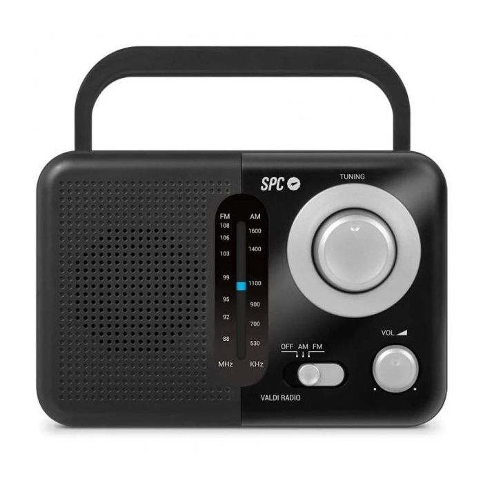 SPC Valdi Radio Portatil Analogica FM/AM 0.8W - Asa de Transporte - Entrada Jack 3.5mm - Antena Telescopica - Alimentacion AC y Pilas - Color Negro