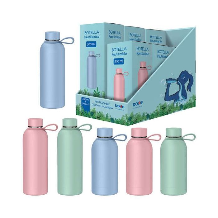 Dohe Expositor de 6 Botellas Reutilizables 3x 500ml y 3x 350ml - Acero Inoxidable de Doble Pared - Libre de BPA - Tapon Hermetico Antigoteo de Acero Inoxidable - Recubierta de Caucho - Colores Surtidos