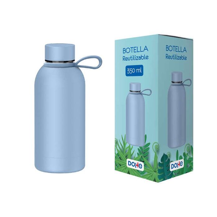 Dohe Botella Reutilizable 350ml - Acero Inoxidable de Doble Pared - Libre de BPA - Tapon Hermetico Antigoteo de Acero Inoxidable - Recubierta de Caucho - Color Azul