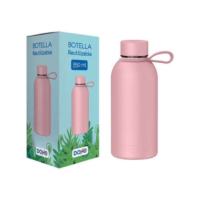 Dohe Botella Reutilizable 350ml - Acero Inoxidable de Doble Pared - Libre de BPA - Tapon Hermetico Antigoteo de Acero Inoxidable - Recubierta de Caucho - Color Rosa