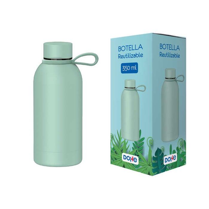 Dohe Botella Reutilizable 350ml - Acero Inoxidable de Doble Pared - Libre de BPA - Tapon Hermetico Antigoteo de Acero Inoxidable - Recubierta de Caucho - Color Verde