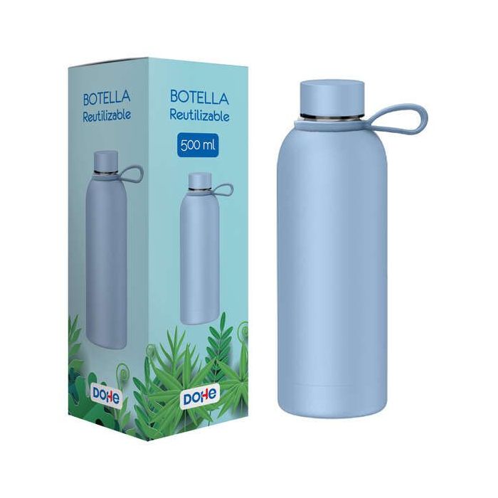 Dohe Botella Reutilizable 500ml - Acero Inoxidable de Doble Pared - Libre de BPA - Tapon Hermetico Antigoteo de Acero Inoxidable - Recubierta de Caucho - Color Azul