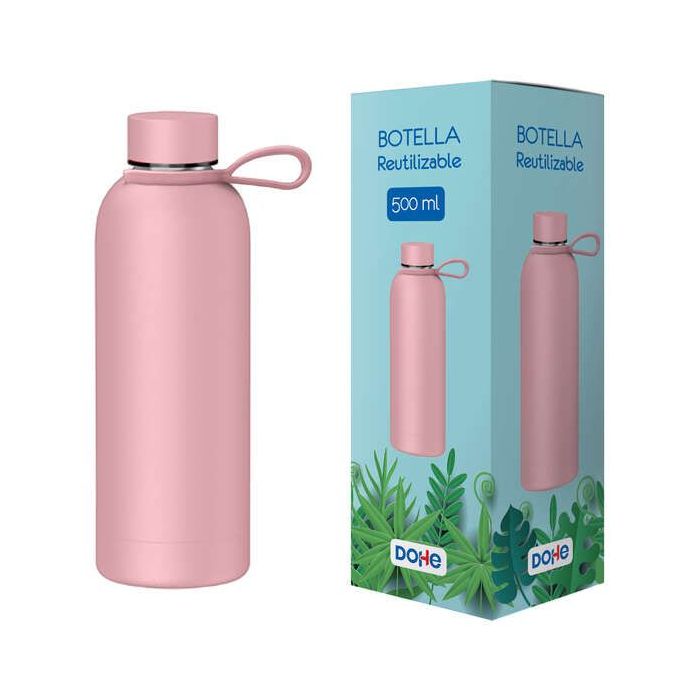 Dohe Botella Reutilizable 500ml - Acero Inoxidable de Doble Pared - Libre de BPA - Tapon Hermetico Antigoteo de Acero Inoxidable - Recubierta de Caucho - Color Rosa