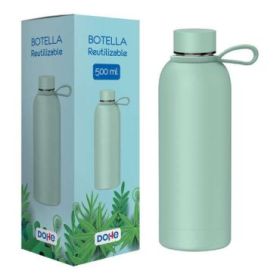 Dohe Botella Reutilizable 500ml - Acero Inoxidable de Doble Pared - Libre de BPA - Tapon Hermetico Antigoteo de Acero Inoxidable - Recubierta de Caucho - Color Verde