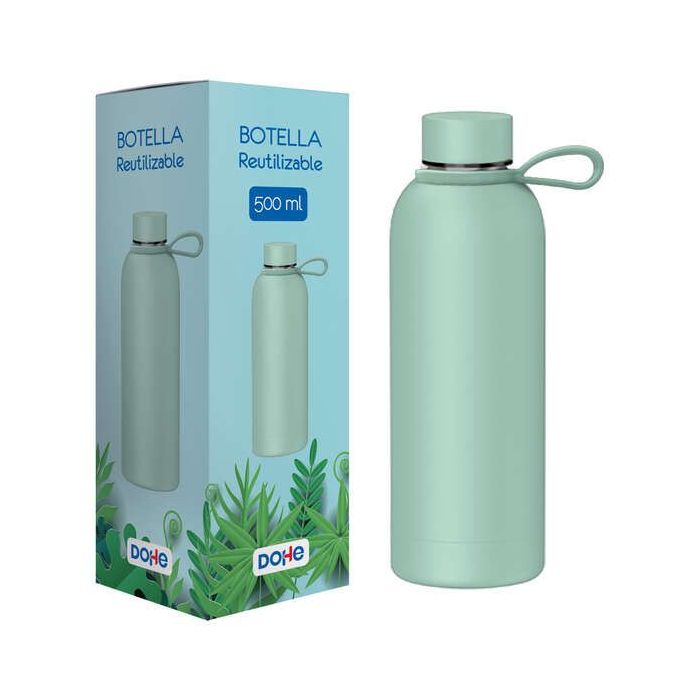 Dohe Botella Reutilizable 500ml - Acero Inoxidable de Doble Pared - Libre de BPA - Tapon Hermetico Antigoteo de Acero Inoxidable - Recubierta de Caucho - Color Verde