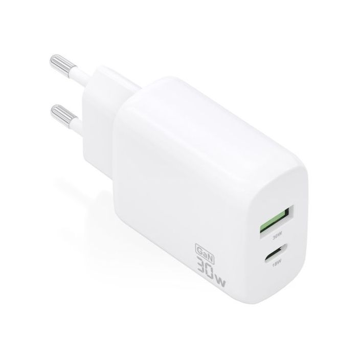 Aisens Cargador GaN 30W - 1xUSB-C PD3.0 QC4.0 - 1xUSB-A QC3.0 - Color Blanco