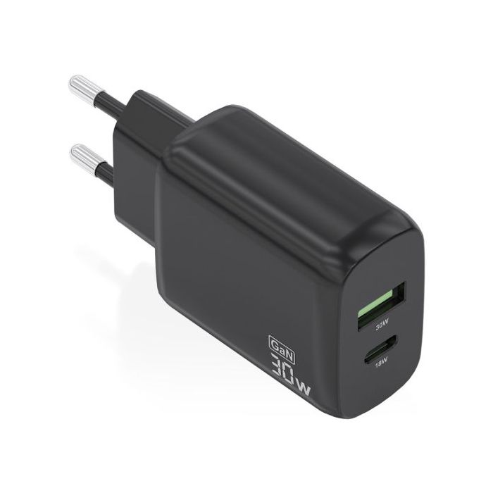 Aisens Cargador GaN 30W - 1xUSB-C PD3.0 QC4.0 - 1xUSB-A QC3.0 - Color Negro