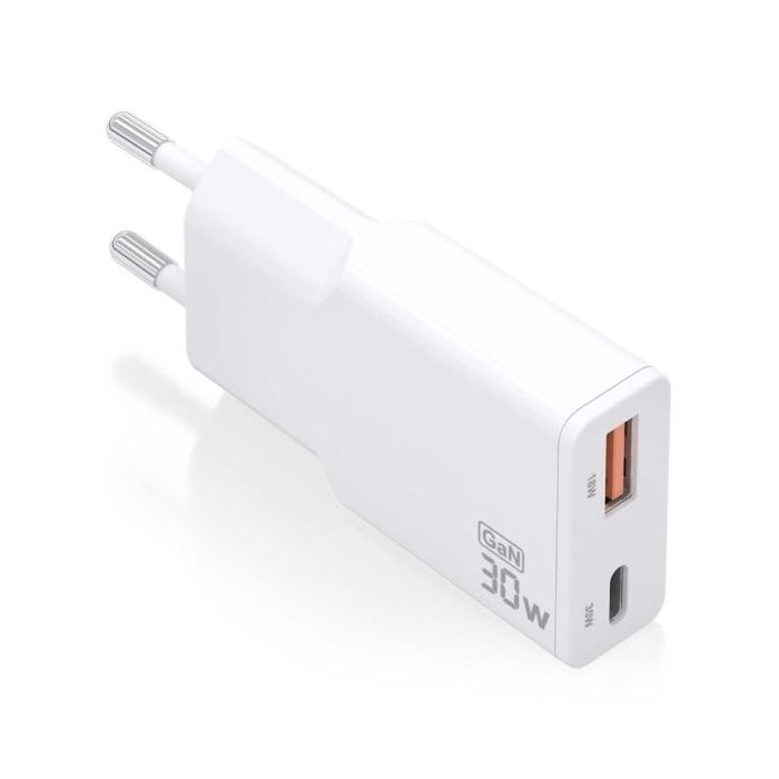 Aisens Cargador GaN Ultra Delgado 30W - 1xUSB-C PD3.0 QC4.0 - 1xUSB-A QC3.0 - Color Blanco