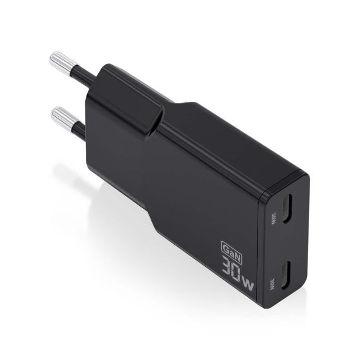 Aisens Cargador GaN Ultra Delgado 30W - 2xUSB-C PD3.0 QC4.0 - Color Negro