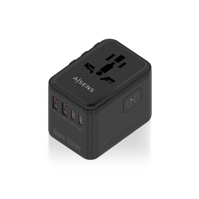 Aisens Adaptador de Viaje Universal GaN 25W - 2xUSB-A QC3.0, 2xUSB-C PD3.0 - Color Negro
