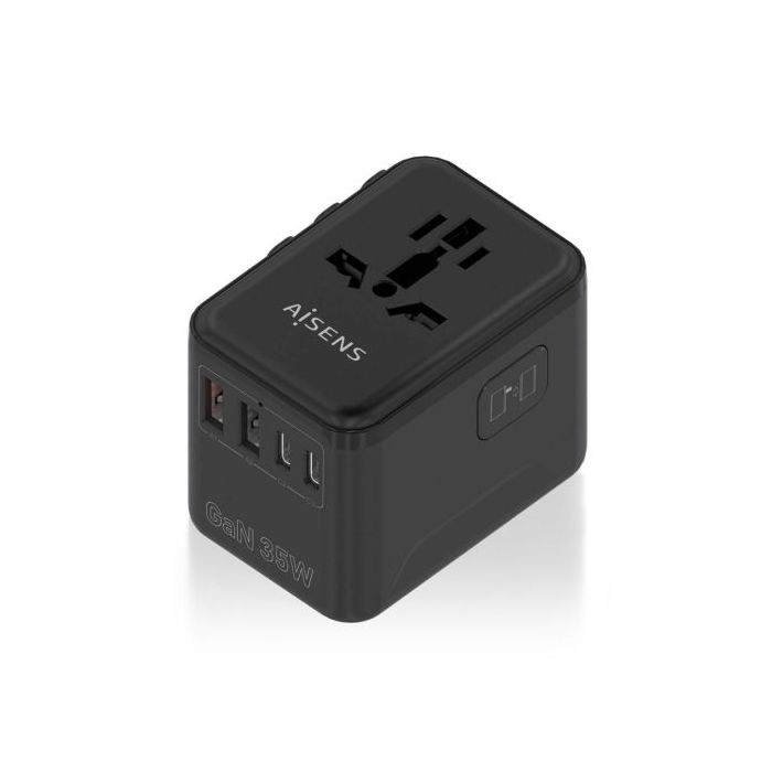 Aisens Adaptador de Viaje Universal GaN 35W - 2xUSB-A QC3.0, 2xUSB-C PD3.0 - Color Negro