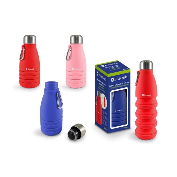 Bismark Botella de Silicona Plegable 550ml - Tapon de Acero Inoxidable - Mosqueton de Transporte - Colores Rosa, Rojo y Azul