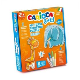 Carioca Coloring Puzzle Animals Baby 2+ Pack de Puzzle Super Simple para Niños - 2 Animales de 3 Piezas - Piezas para Colorear - 2 Animales de Referencia - 8 Rotuladores Superlavables - Color Varios