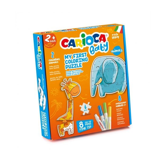 Carioca Coloring Puzzle Animals Baby 2+ Pack de Puzzle Super Simple para Niños - 2 Animales de 3 Piezas - Piezas para Colorear - 2 Animales de Referencia - 8 Rotuladores Superlavables - Color Varios